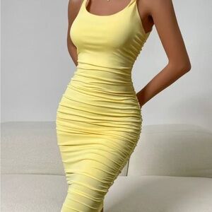 NEW* SHEIN Yellow Ruched Bodycon Midi Dress